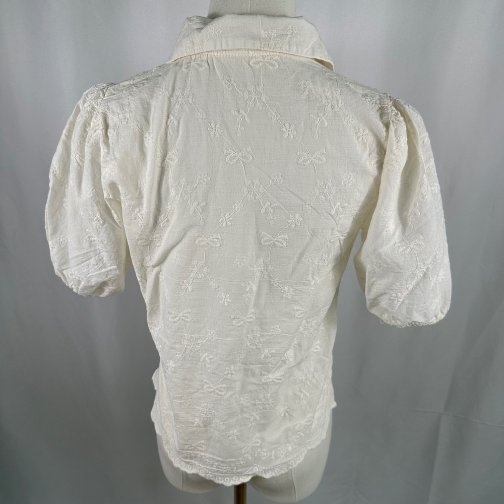 Cream Floral Embroidered Blouse Small Peter Pan Collar Puff Sleeve Cottagecore - Picture 2 of 4